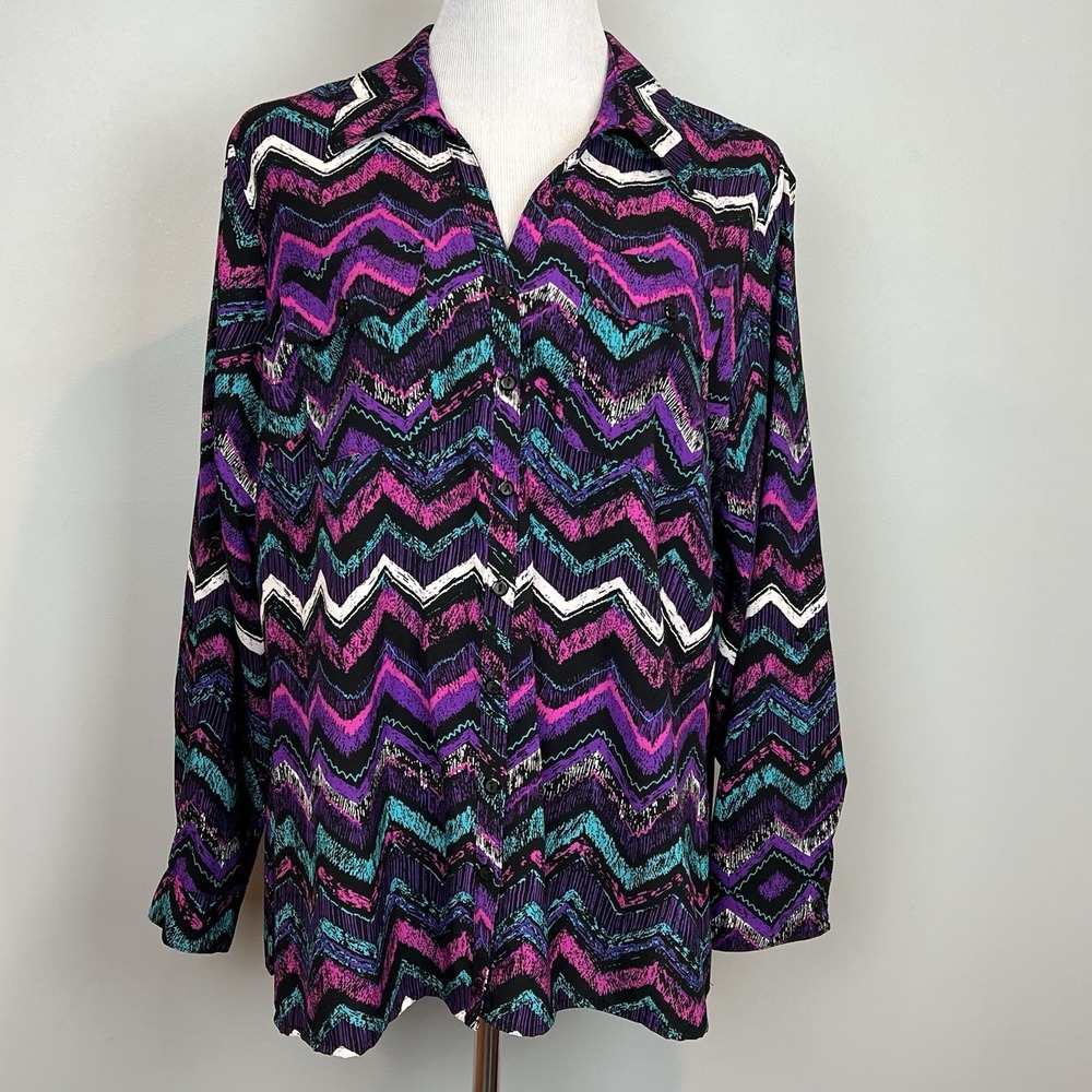 Kim Rogers Purple Chevron Stripe Button Up Blouse Size 1X Collared Western